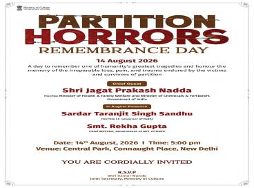 The Ministry of Culture, GOI, Organises partition Horrors Remembrance Day on 14th August, 2026 at 5.00 pm at Central Park, Connaught Place, New Delhi